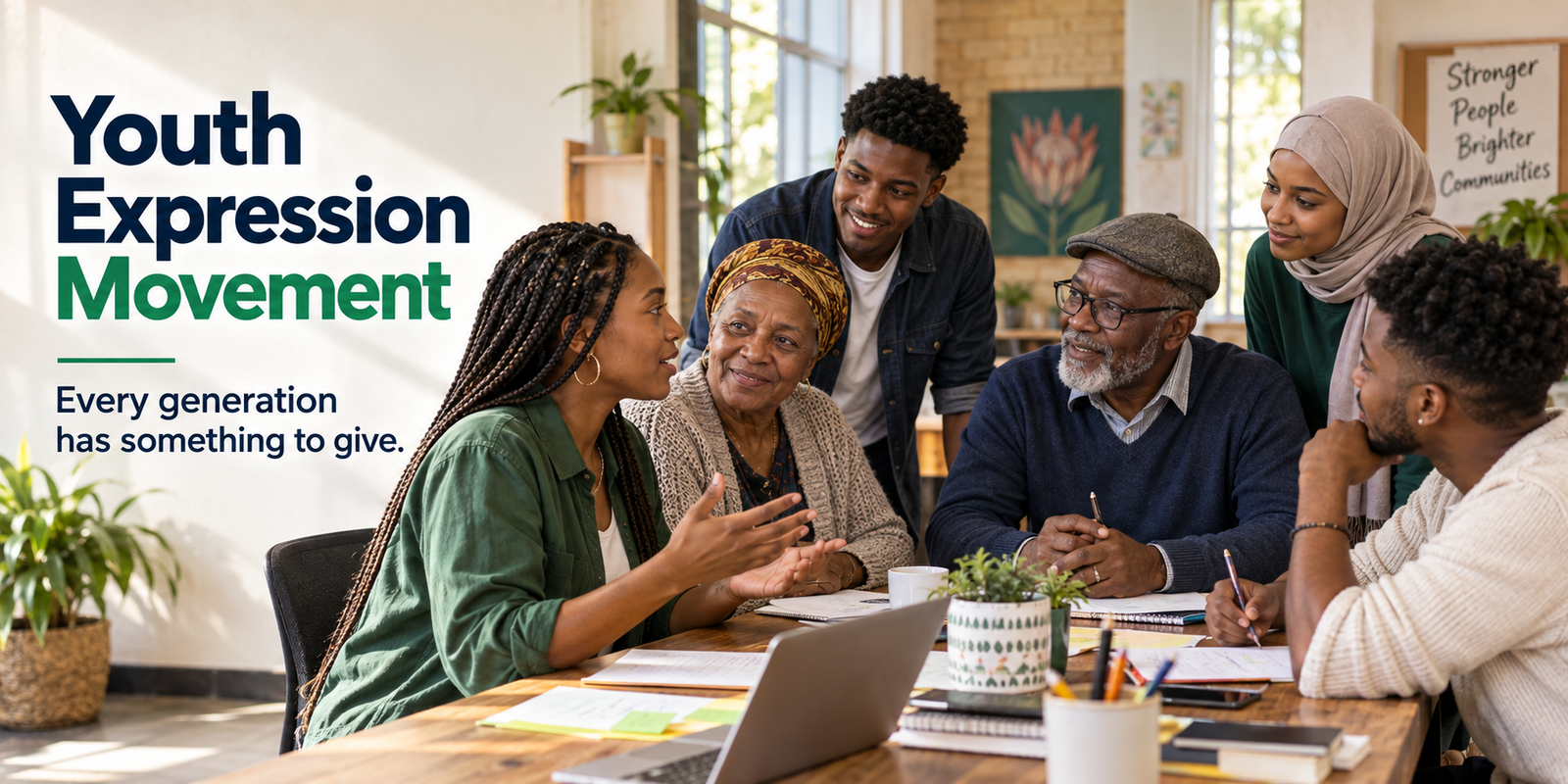 Young people and older adults learning together around a table